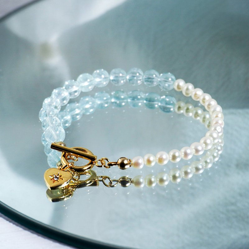 高级 淡水 珍珠 海蓝宝 彩萤石 接骨木 水晶 手链 - 手链/手环 - 水晶 蓝色