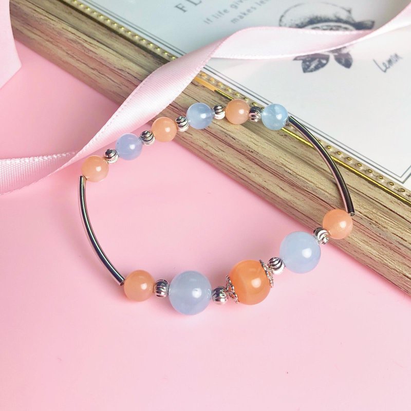 母亲节礼物 海蓝宝  月亮石 月光石 手链 天然石 生日礼物 - 手链/手环 - 水晶 蓝色