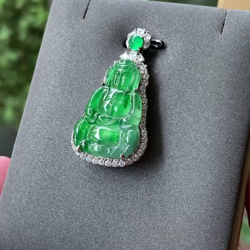 映慈 | 冰种阳绿翡翠观音 | 天然翡翠玉佩 - 项链 - 玉石 绿色