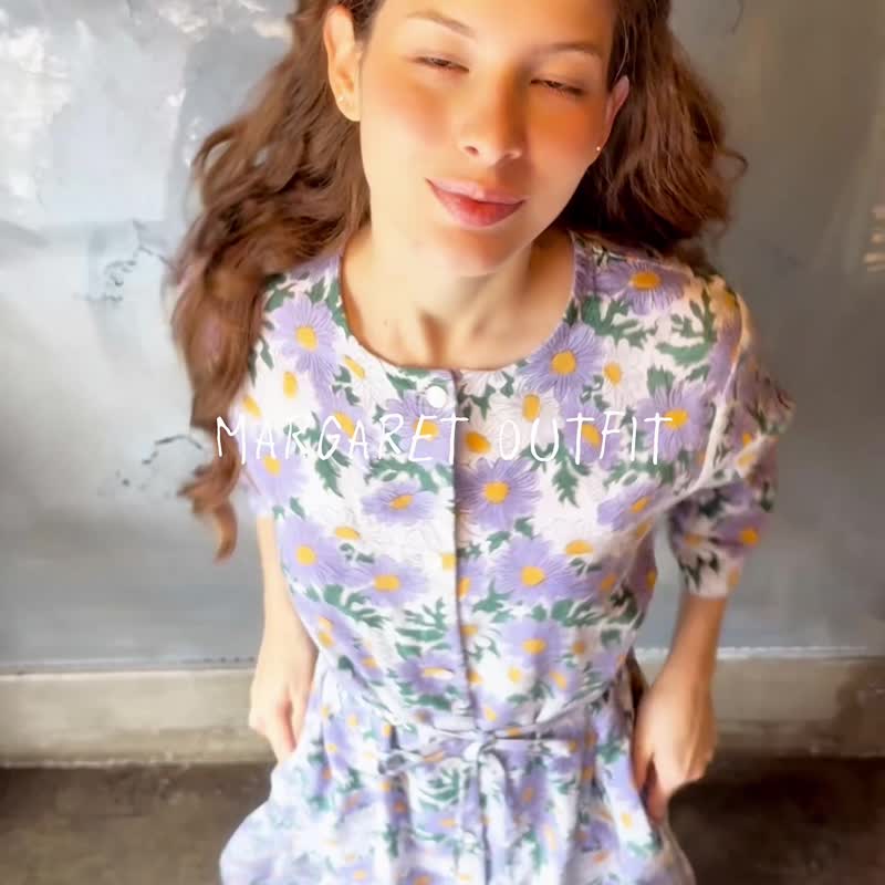 渐层美感、Margaret 图案纯棉卡迪前开襟洋装 purple - 洋装/连衣裙 - 棉.麻 紫色