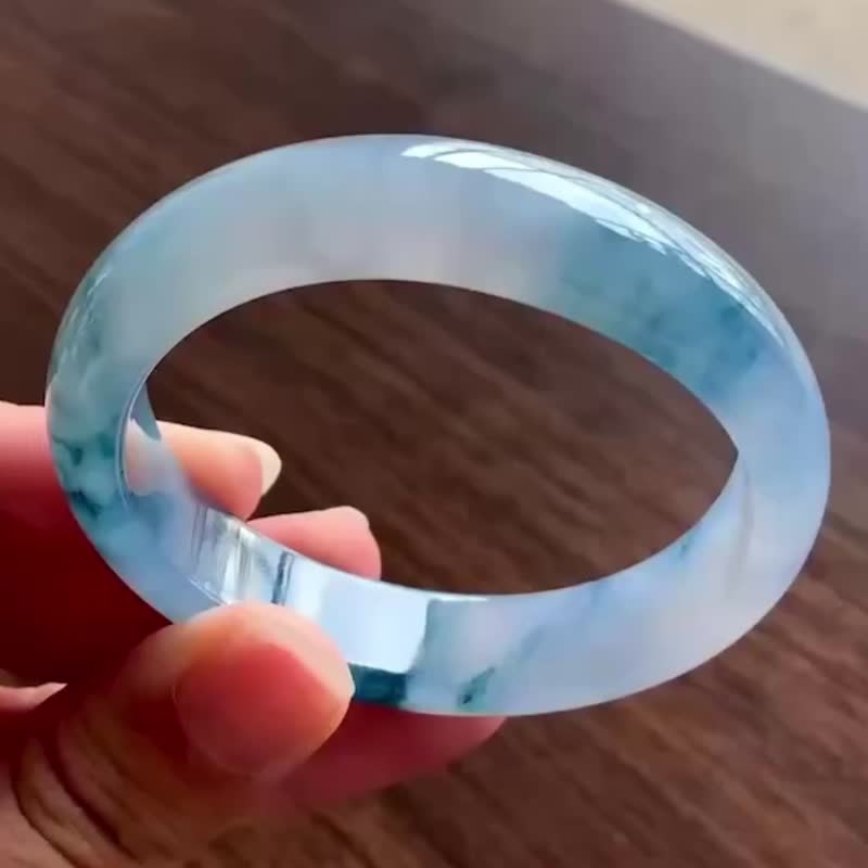 冰种 天然翡翠 缅甸 A玉 玉镯 • 冰种蓝花翡翠贵妃镯 - 手链/手环 - 玉石 蓝色