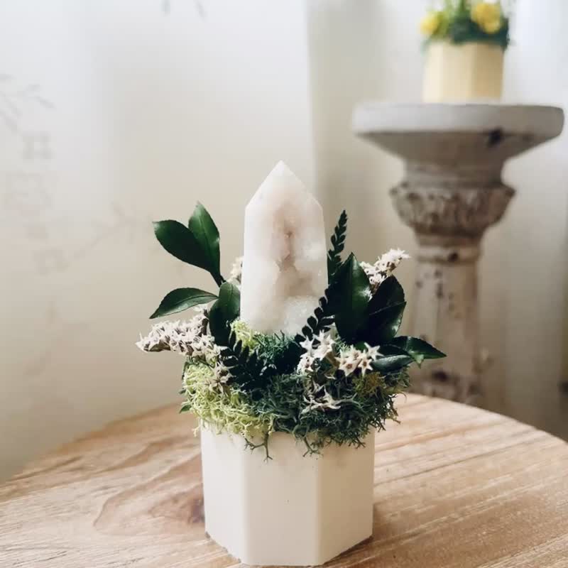 玛瑙白水晶柱-砂糖小雪山。永生叶材绿植栽 - 植栽/盆栽 - 水晶 白色