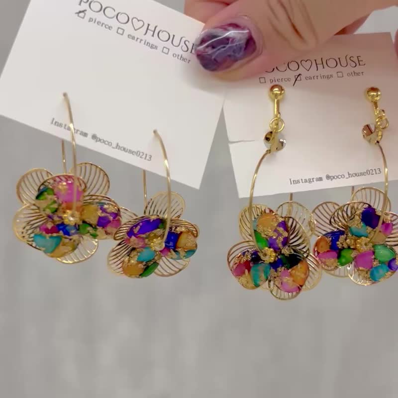 彩虹花朵 圆形耳环 耳夹式耳环 - 耳环/耳夹 - 树脂 多色