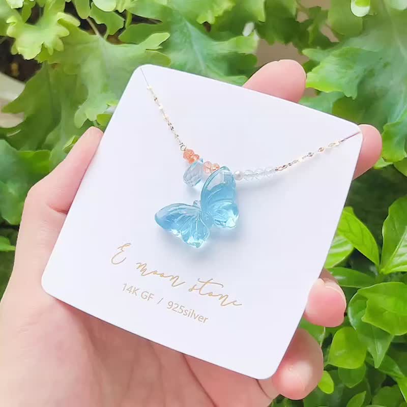 天然海水蓝宝石 春日蝴蝶 手工雕刻水晶项链 - 锁骨链 - 水晶 蓝色