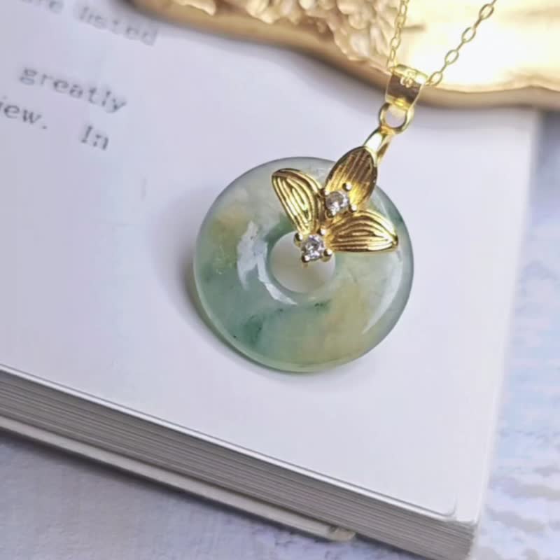 招财•顺利•圆满|冰胶黄加绿飘花甜甜圈|缅甸A翡翠纯银吊坠 - 项链 - 玉石