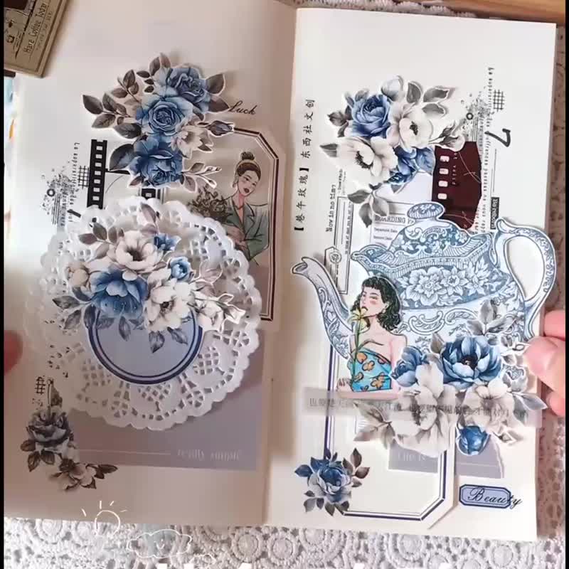 東西社文創 巷午玫瑰 PET透明手帳貼紙膠帶 輕復古淡雅藍白花朵 - 纸胶带 - 其他材质