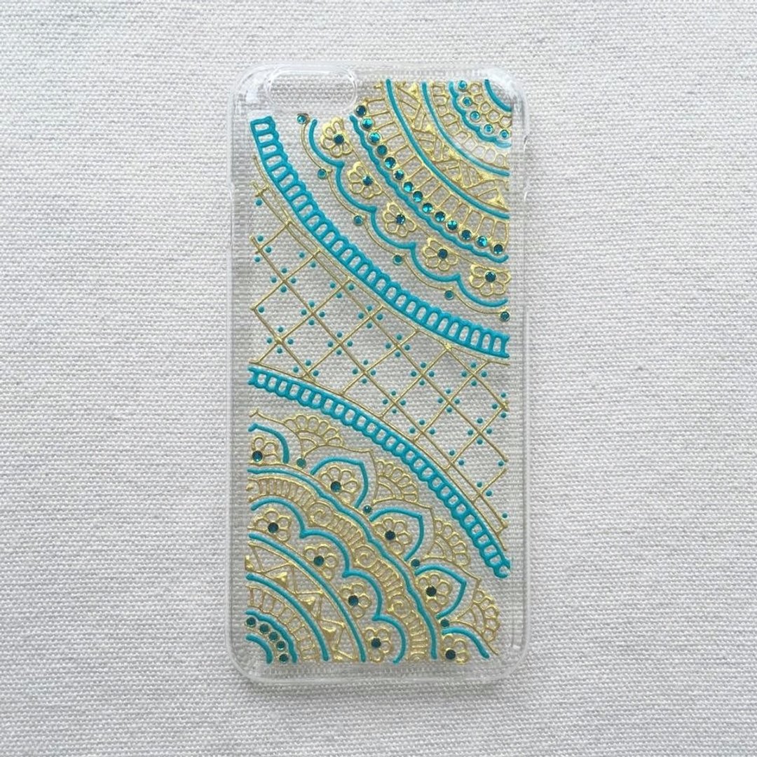 手绘透明手机壳 手机套 蓝绿色 Tiffany Blue 金色 iPhone 7 6s Samsung Galaxy Sony LG Case Henna Mandala 汉娜 蔓蒂 曼陀罗 禅绕 民族 印度彩绘 - 手机壳/手机套 - 塑料 金色