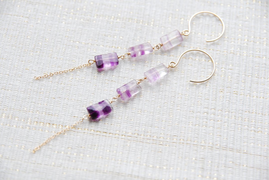 Square Fluorite Triple Earrings 14kgf - 耳环/耳夹 - 半宝石 紫色