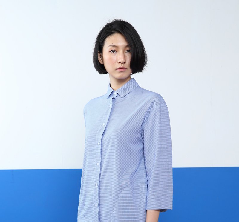 【出清优惠】胶原蛋白千鸟罩衫-蓝 - 女装衬衫 - 其他材质 蓝色