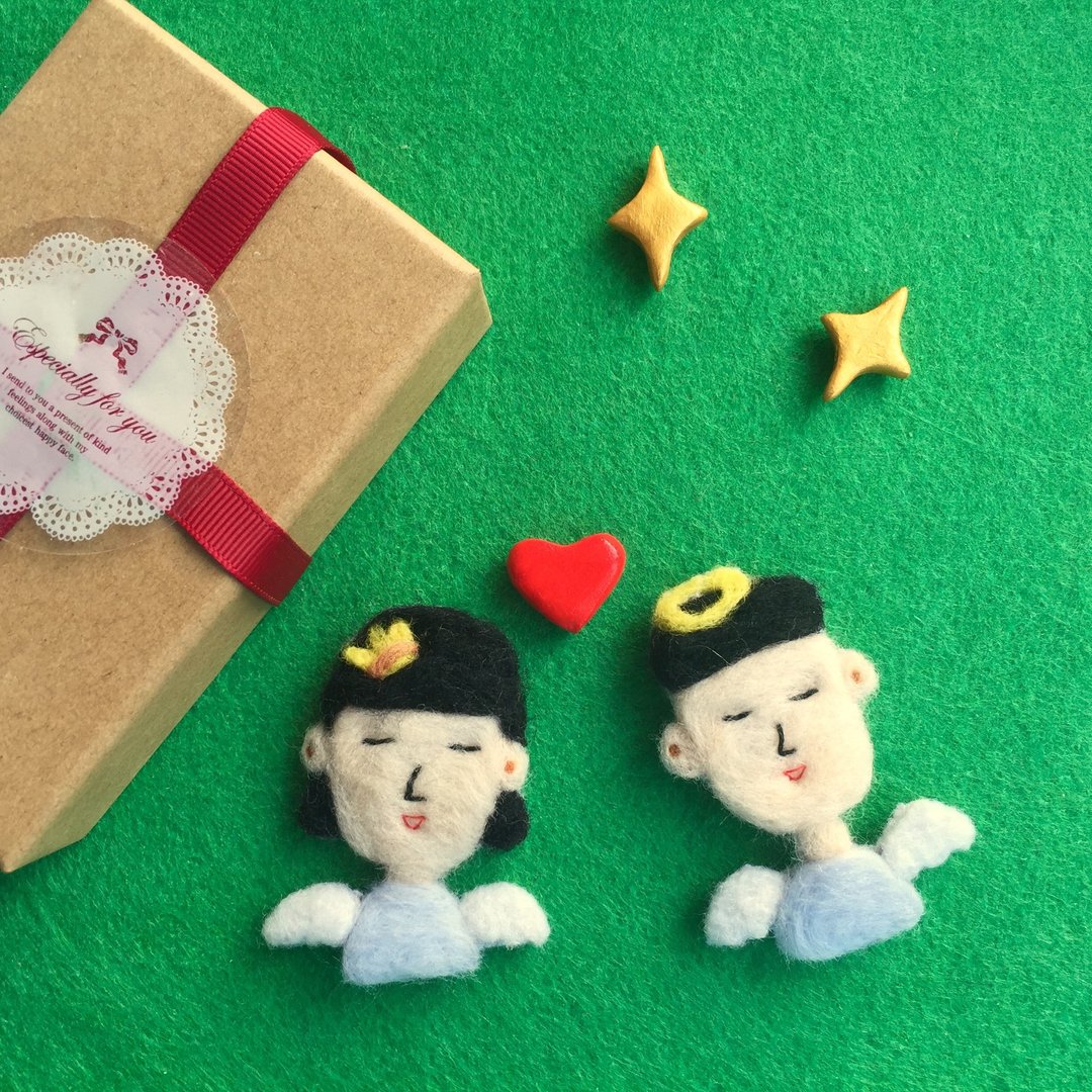 summerlol【买2个免运送项链两用】手工手作羊毛毡天使情侣人偶人形胸针别针Angel Lover wool felt brooch - 胸针 - 羊毛 白色