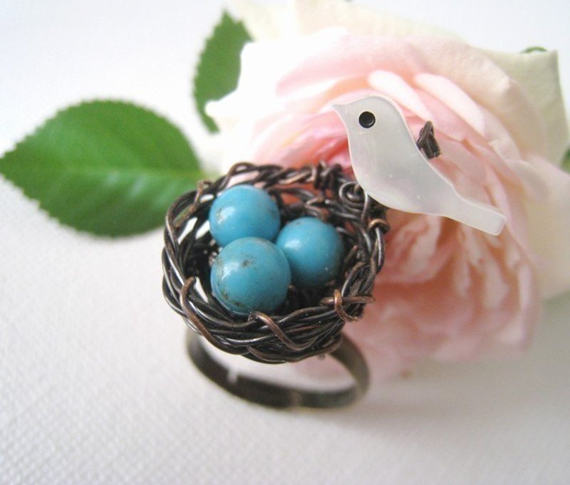 守护家. 手作铜线鸟巢与贝壳小鸟戒指 - 戒指 - 其他金属 