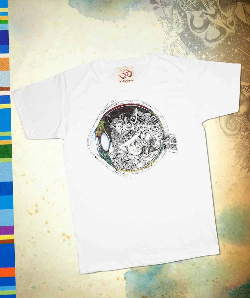 男版合身旅行T-瞳孔里的奇幻世界(白) - 男装上衣/T 恤 - 棉．麻 白色