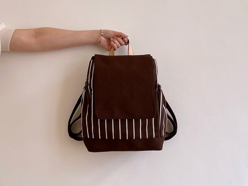 手工咖啡色X白线条绵布缀有牛皮后背包 - 后背包/双肩包 - 棉．麻 咖啡色