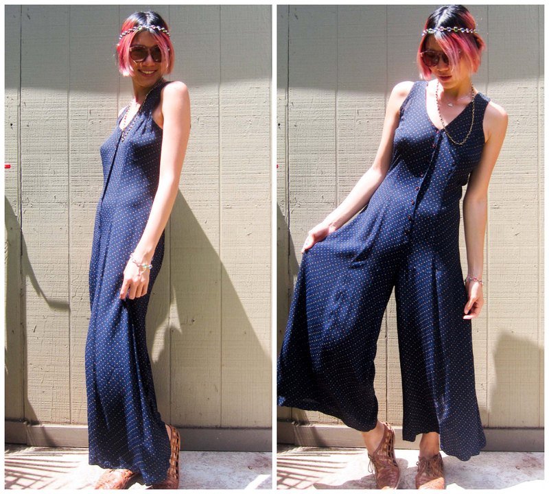 [美国古着] 深蓝彩色点点连身裤裙 - 背带裤/连体裤 - 其他材质 蓝色