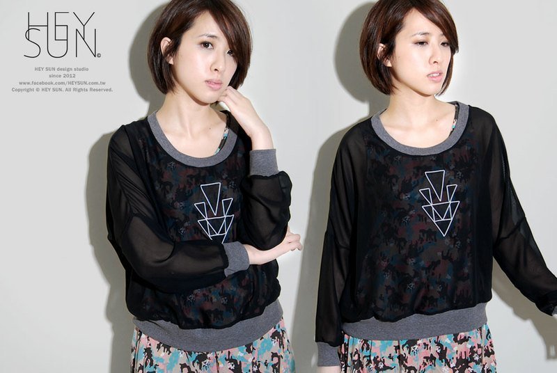 【M0231】HEY SUN独立手作品牌·几何三角透光雪纺舒棉圆领Tee-黑 - 女装 T 恤 - 其他材质 黑色