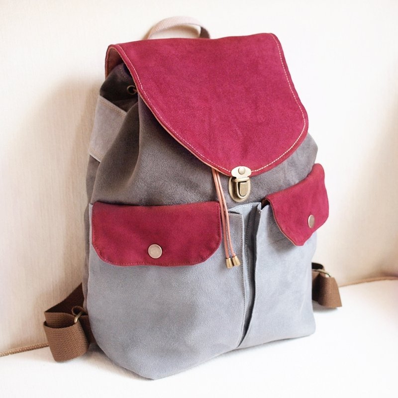 手工 麂皮布 肩背 后背包 灰色 紫红色 - 后背包/双肩包 - 其他材质 灰色