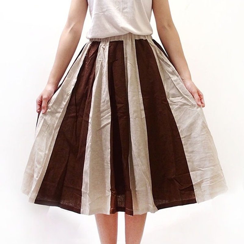 小牛村 Calf Village ├独创限量┤自然系条纹棉麻长裙 {咖啡牛奶卷心酥} - 裙子 - 棉．麻 咖啡色