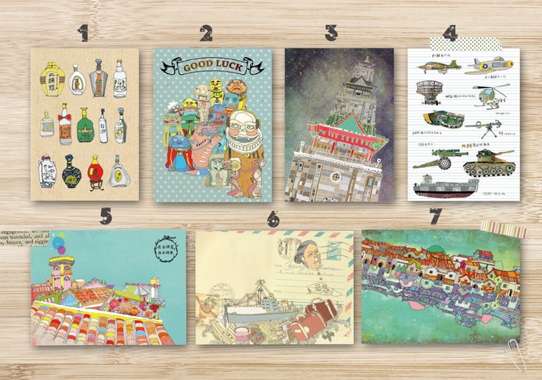 明信片POSTCARDs。FABULOUS ILLUSTRATIONS 金门。风狮爷。任选五款加赠“金门古地图”精致纸盒套 - 卡片/明信片 - 纸 多色