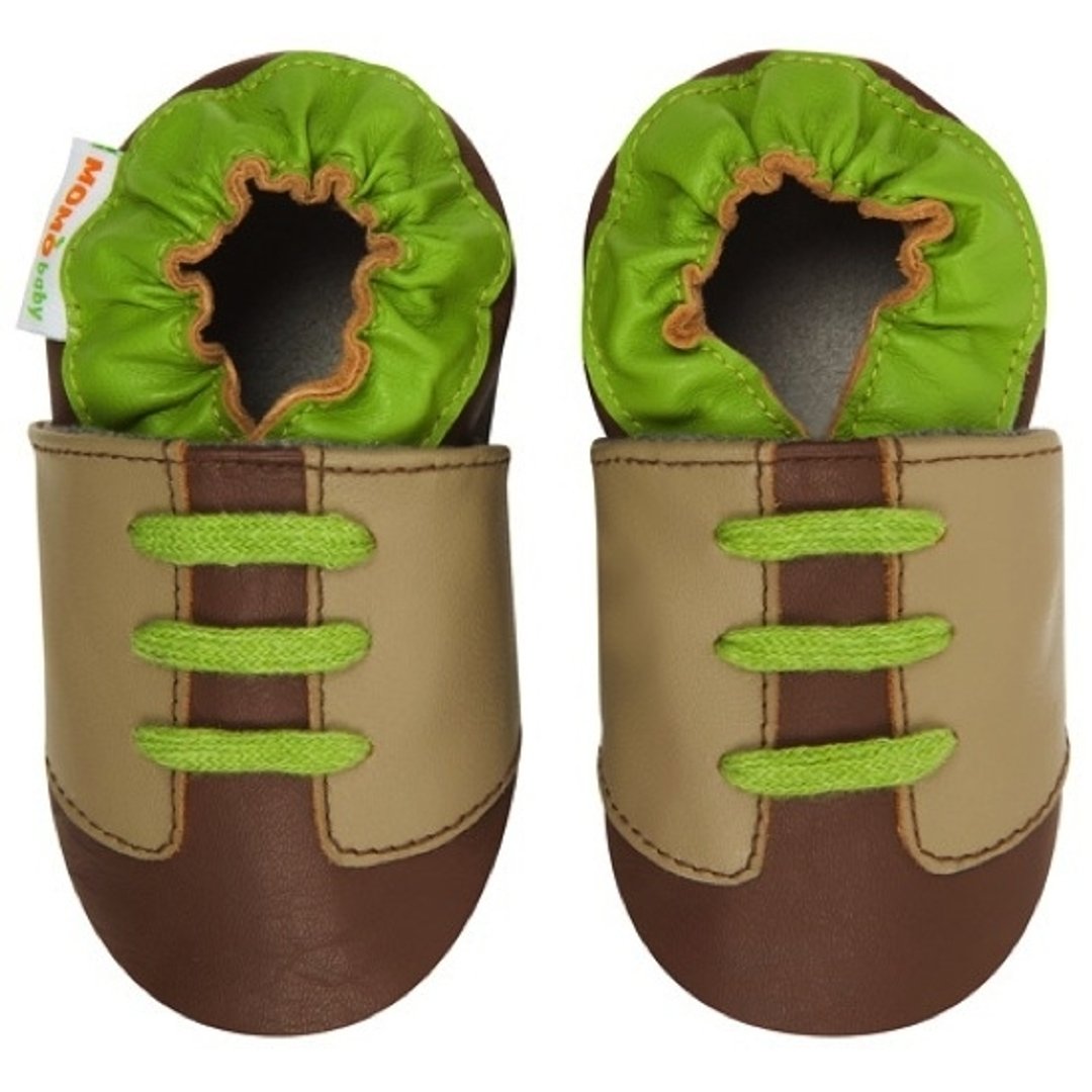 Momo Baby手工真皮学步鞋- Contrast Sneaker Taupe慢跑鞋褐绿 - 童装鞋 - 真皮 绿色
