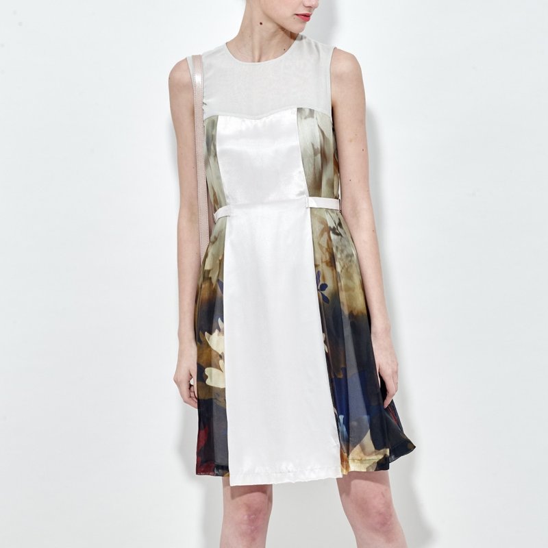 异材质拼接印花洋装 (丝质) - 洋装/连衣裙 - 其他材质 卡其色