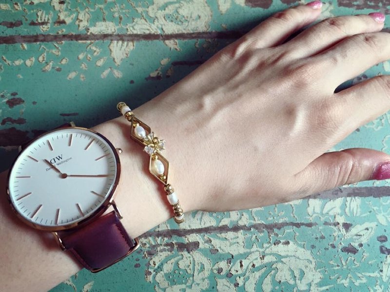 Fuchia~雪花绮缘~淡水珍珠/锆石/黄铜 手链 - 手链/手环 - 其他金属 