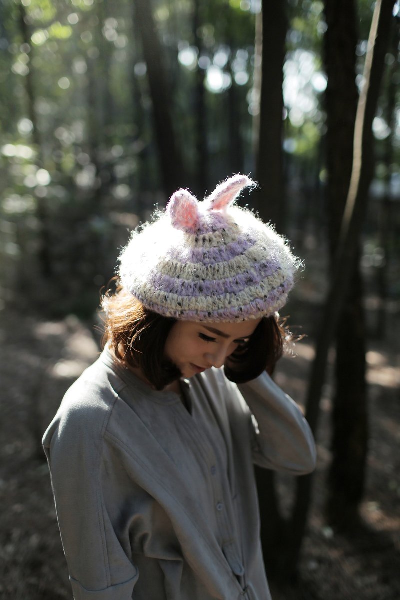 MR.STORE 手工毛线帽子 香芋紫黄甜点小兔耳朵贝雷帽 画家帽 - 帽子 - 其他材质 紫色