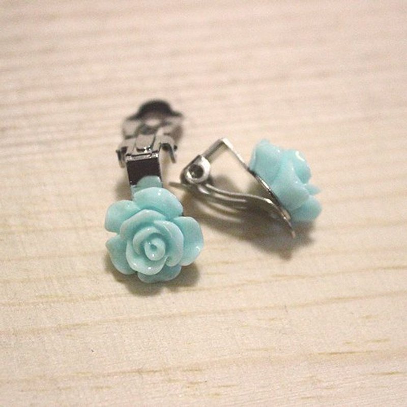 湖水绿玫瑰耳饰 (抗过敏白钢耳针/耳夹) - 耳环/耳夹 - 其他材质 绿色