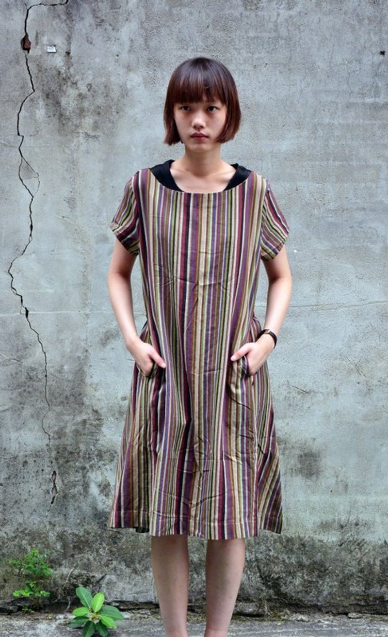 手织棉绑带洋装＿冬季森林条纹＿公平贸易 - 洋装/连衣裙 - 棉．麻 多色