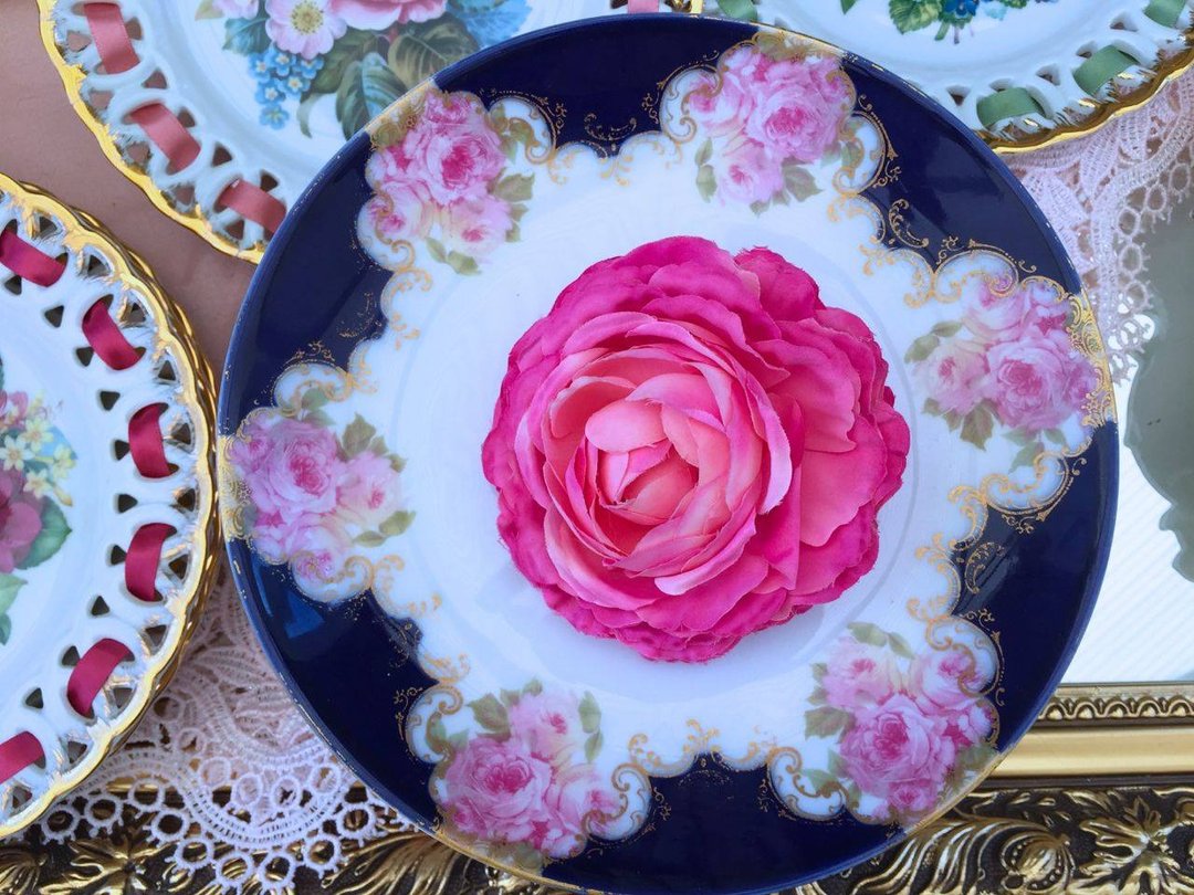 ♥安妮疯古物♥ 德国名瓷 Rosenthal罗森泰 1930年古董蛋糕盘,点心盘,水果盘,餐盘 瓷盘 - 浅碟/小碟子 - 其他材质 蓝色