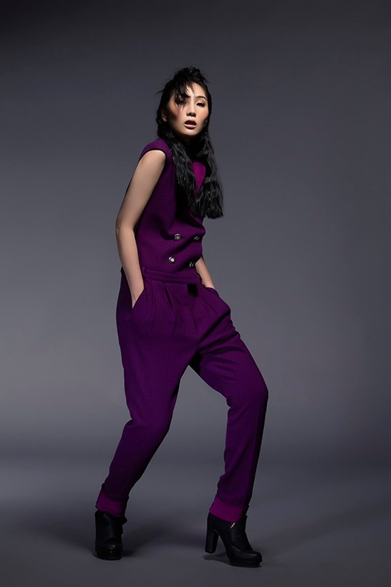 西装式混毛料反折连身长裤 - 背带裤/连体裤 - 其他材质 紫色
