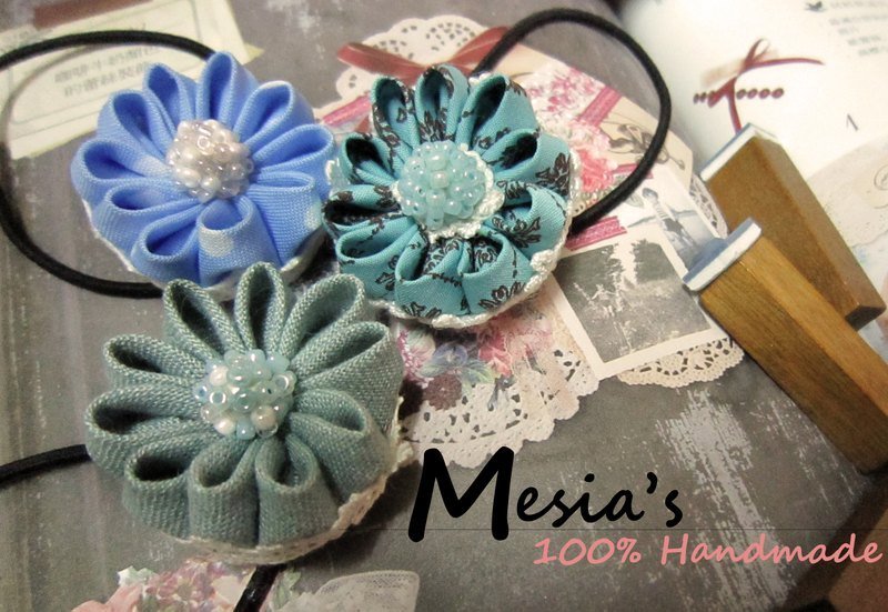 优雅水蓝系列 小花&圆点100%手作布包钮扣发束发圈发饰 - 发饰 - 其他材质 蓝色