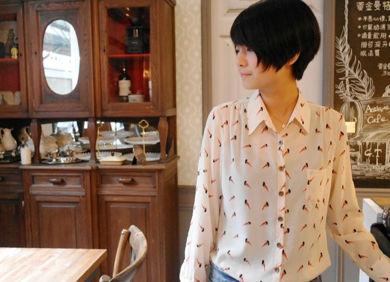 米白鸟儿尖领衬衫 - 女装衬衫 - 纸 