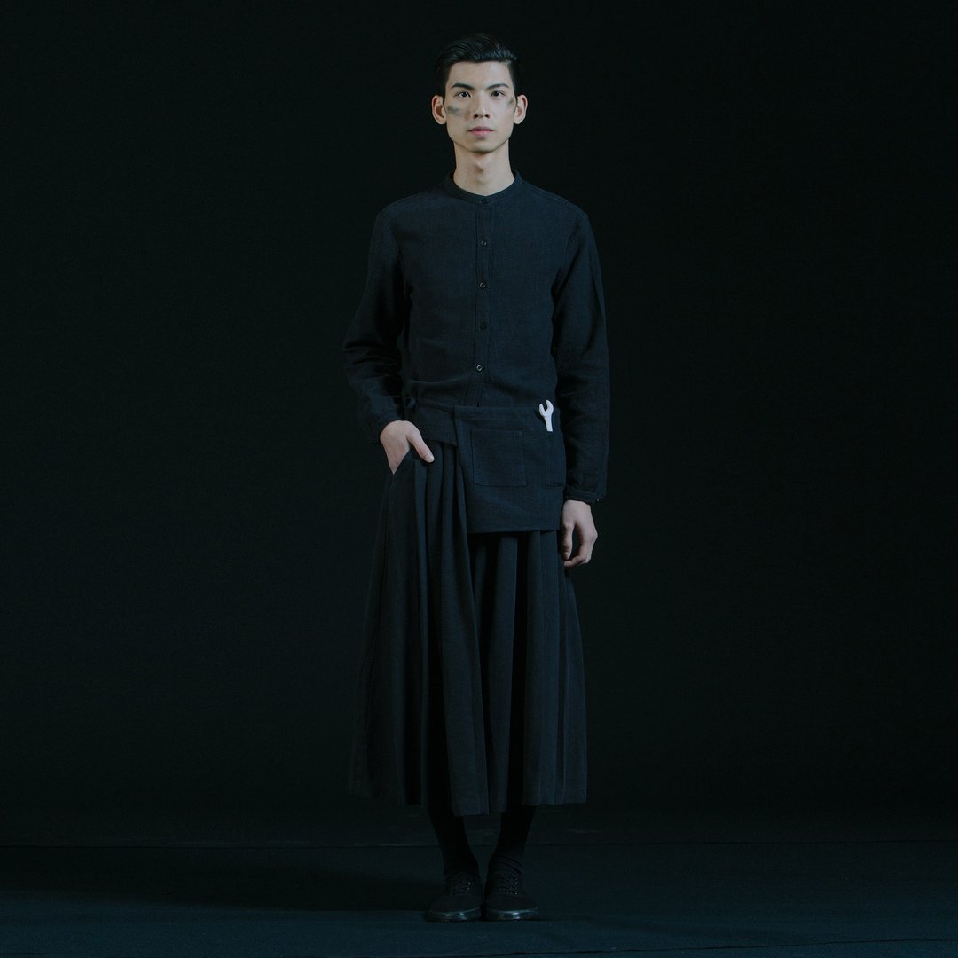 棉麻百褶阔腿裙裤 (需预订) - 男士长裤 - 棉 黑色
