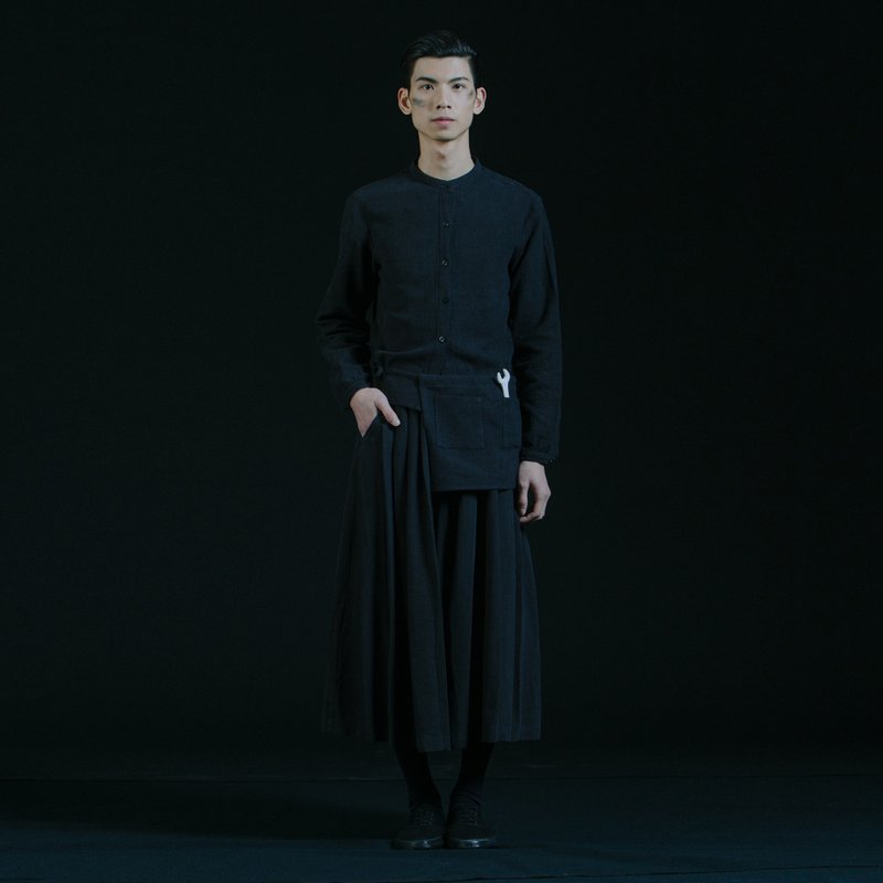 棉麻百褶阔腿裙裤 (需预订) - 男士长裤 - 棉．麻 黑色