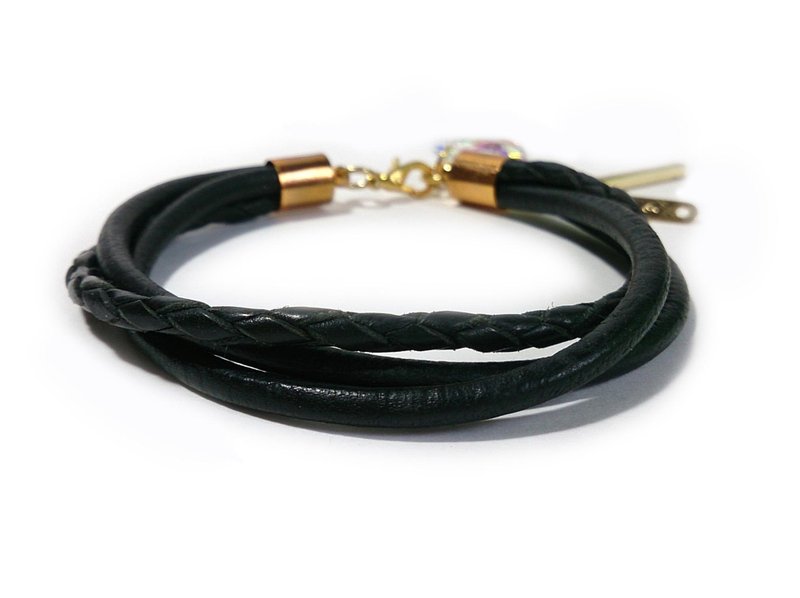 [手工制作]金色真皮手环(水滴)-附施华洛世奇水晶 - 手链/手环 - 真皮 黑色