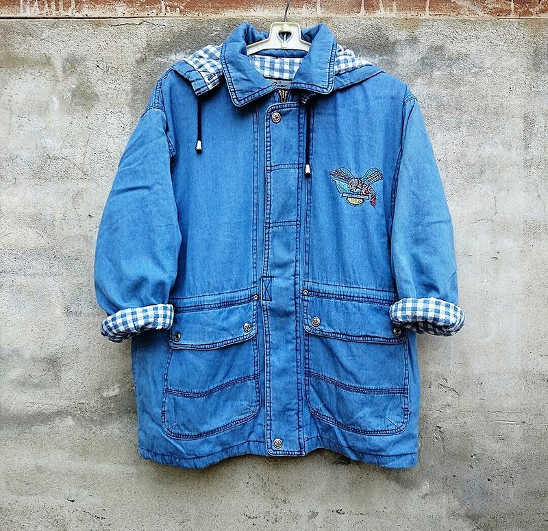 格子内里刺绣牛仔连帽外套 -脱臼古着- - 中性连帽卫衣/T 恤 - 其他材质 蓝色