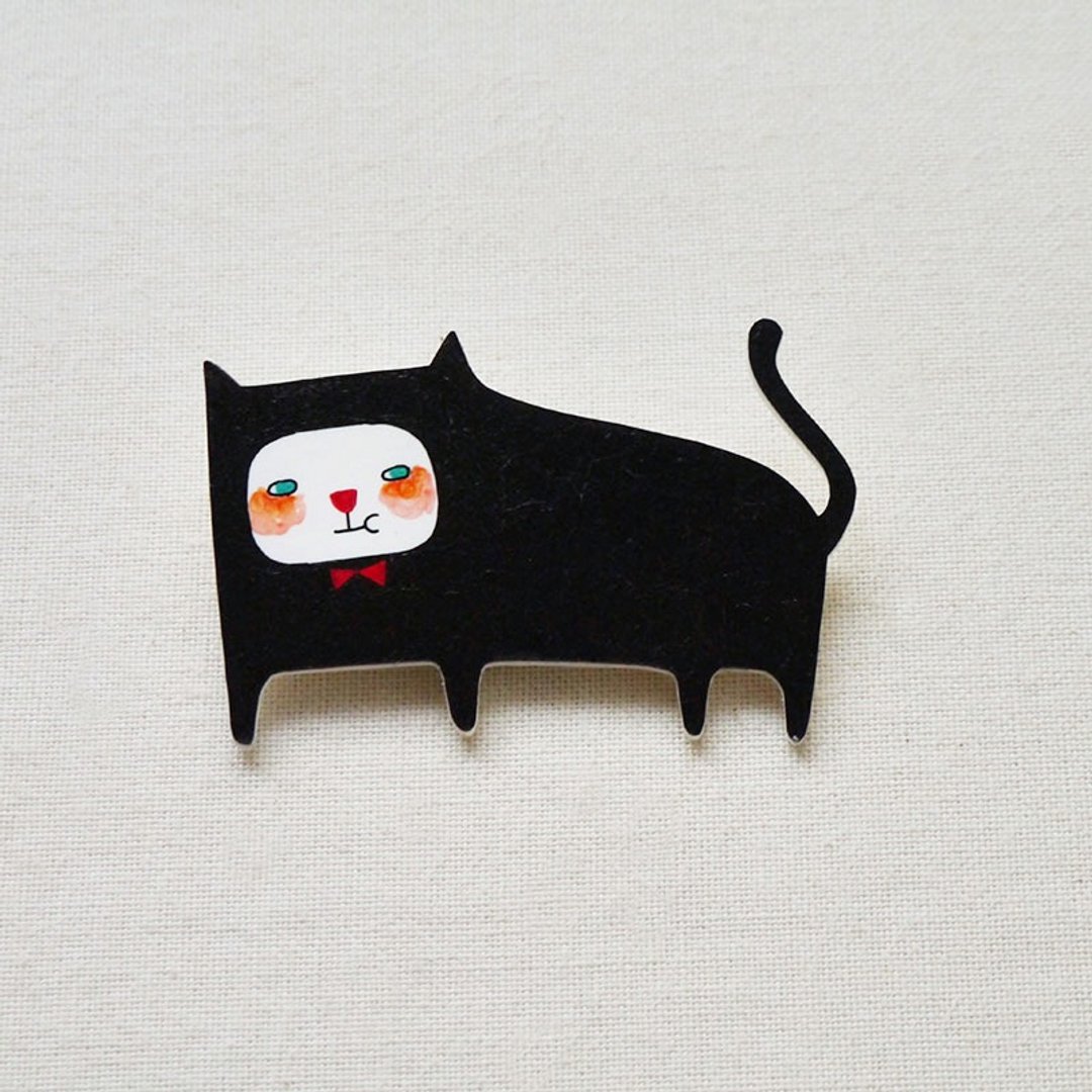 Blackjack with His Bow Tie / 黑杰克绅士猫咪 / 手工制作热缩片 / 胸针磁铁 - 胸针 - 塑料 黑色