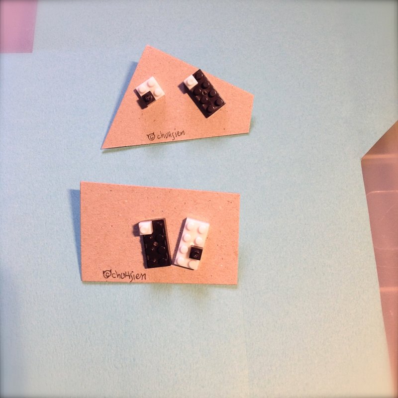 可拆装的积木耳环●酷黑炫白 - 耳环/耳夹 - 其他金属 白色