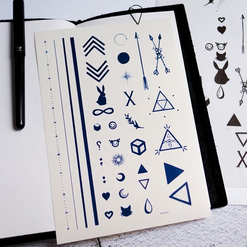 迷你刺青纹身贴纸极简约几何直线标记符号微笑脸星星太阳月亮猫咪 - 纹身贴 - 纸 蓝色