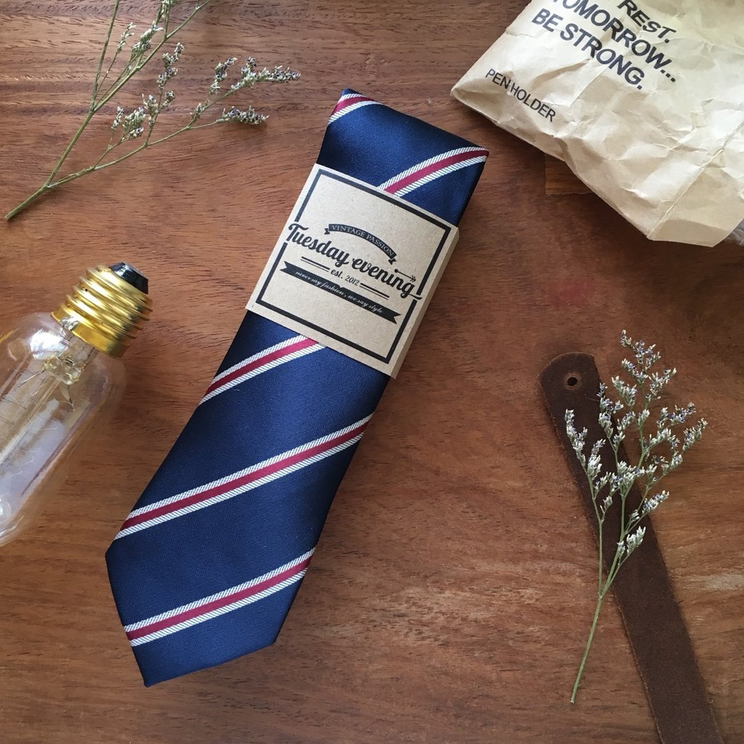 Neck tie Red-Silver-Navy Stripe - 领带/领带夹 - 聚酯纤维 蓝色