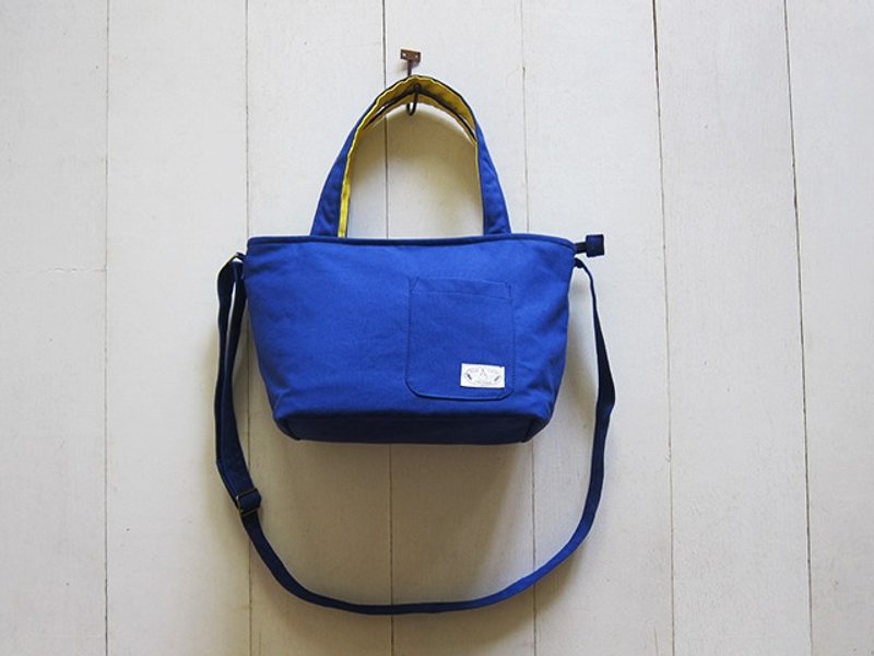 腊肠狗拉链开口帆布+前口袋托特包-小号(靛蓝+鲜黄)+可调式长背带 - 侧背包/斜挎包 - 其他材质 多色