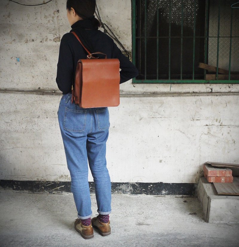 ShiKa夕卡//Vintage Bag //橘色方型厚背包 - 后背包/双肩包 - 其他材质 