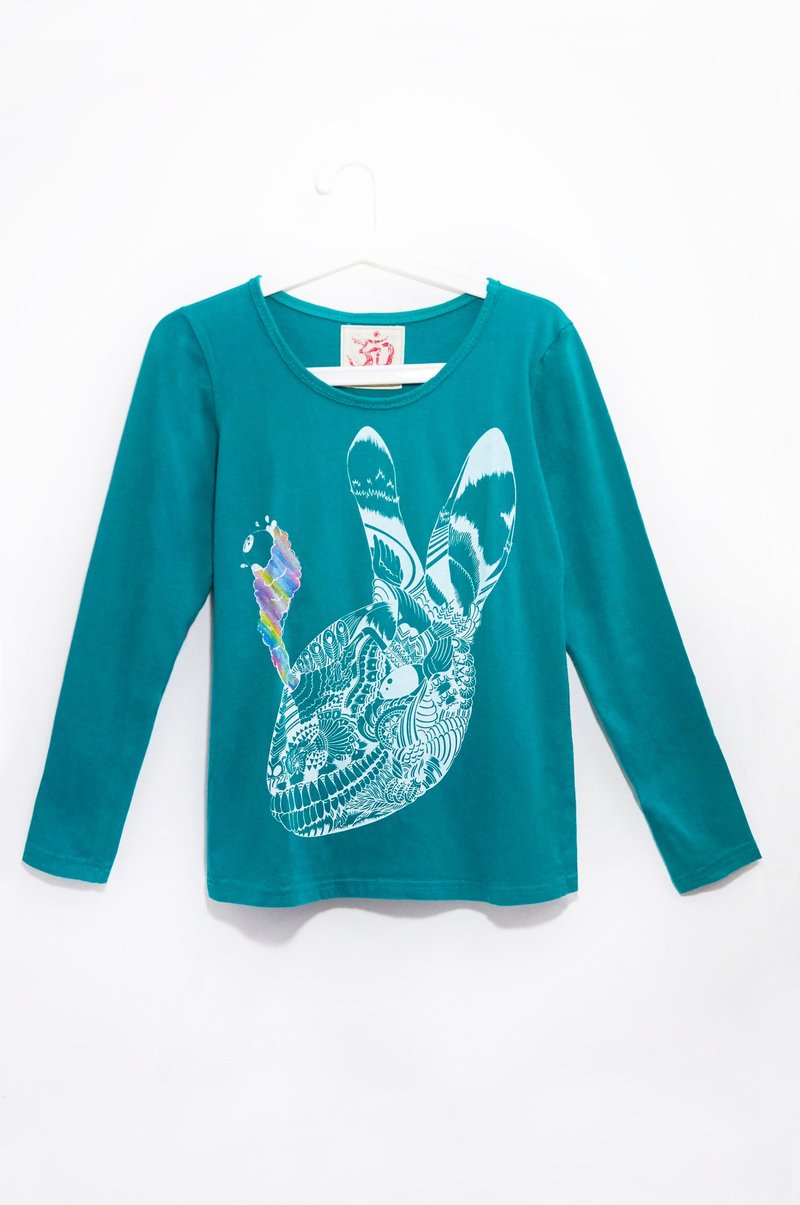 手感棉质长袖上衣 / 旅行T-  爆炸兔 ( 蓝绿色 ) - 女装上衣 - 棉．麻 绿色