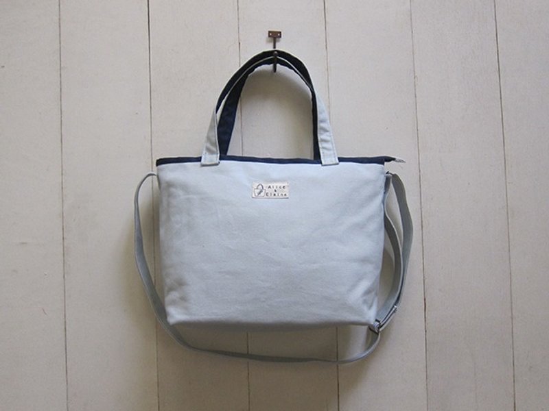 马卡龙系列-银灰+海军蓝中型帆布托特包 (拉链开口款) - 侧背包/斜挎包 - 其他材质 多色