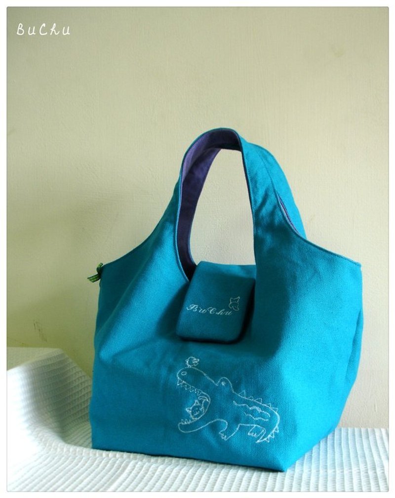 马卡龙色系-布啾手作刺绣招牌包(仅供订制) - 手提包/手提袋 - 棉．麻 蓝色