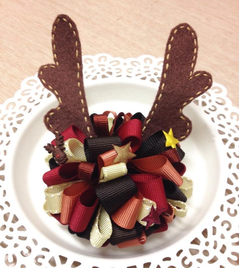 华丽麋鹿花球弹力夹 - 围嘴/口水巾 - 其他材质 咖啡色