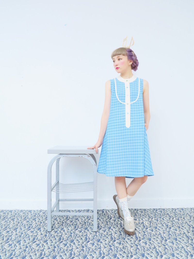 浅蓝格子无袖One-piece - 洋装/连衣裙 - 其他材质 蓝色
