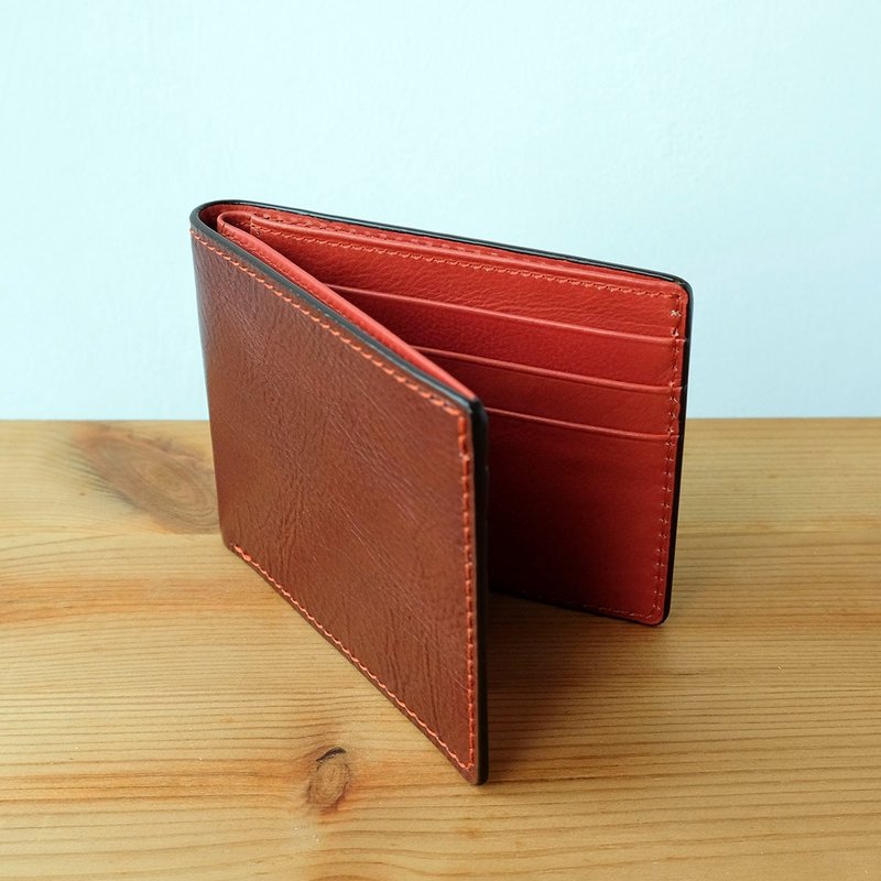 isni〔六卡短皮夹/短夹〕甜蜜棕/柿子橙 欧洲牛皮〔职人手作りの二つ折り财布〕 - 皮夹/钱包 - 真皮 橘色