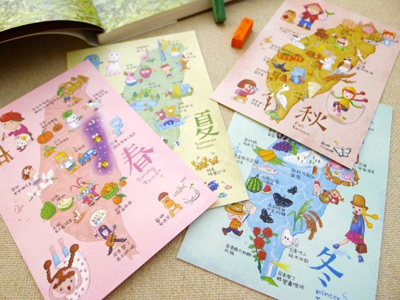 四季游台湾中文版4入 春夏秋冬 明信片 - 卡片/明信片 - 纸 粉红色