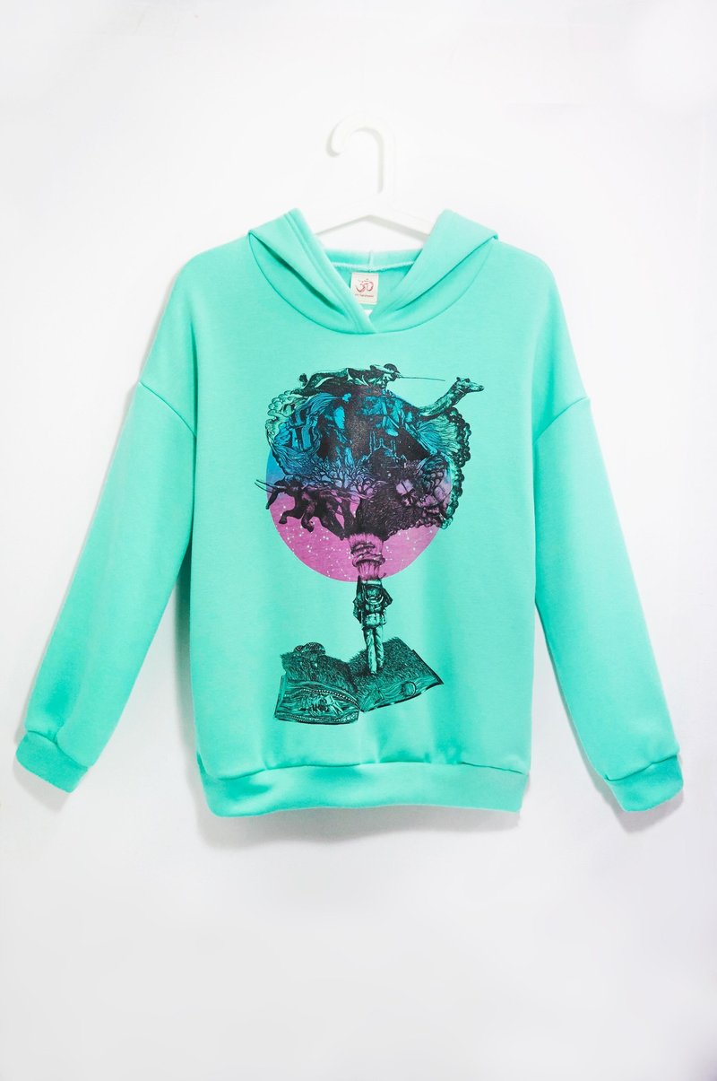 保暖纯棉内绒毛连帽长袖上衣-寂寞星球 (薄荷绿) - 女装上衣 - 棉．麻 绿色